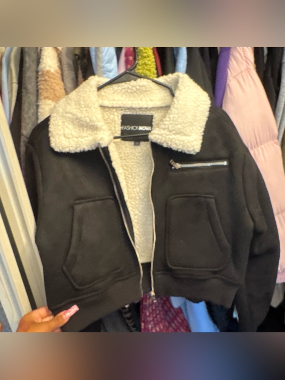 Fashion Nova Black Teddy Bomber Jacket with Cream Sherpa Collar